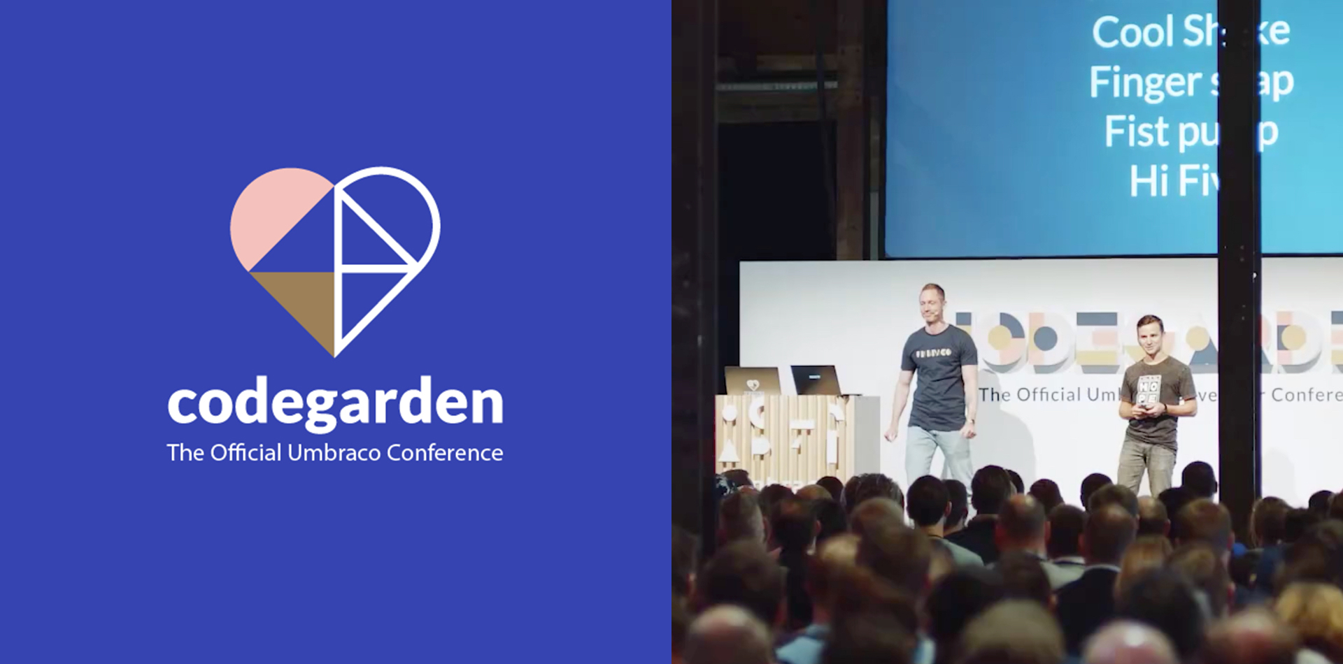 A photo of the Codegarden logo and speakers on stage at last years conference